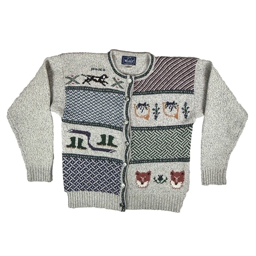 Woolrich Cardigan Sweater Women L Grey Patchwork Fox Intarsia Wool Cottage Twee